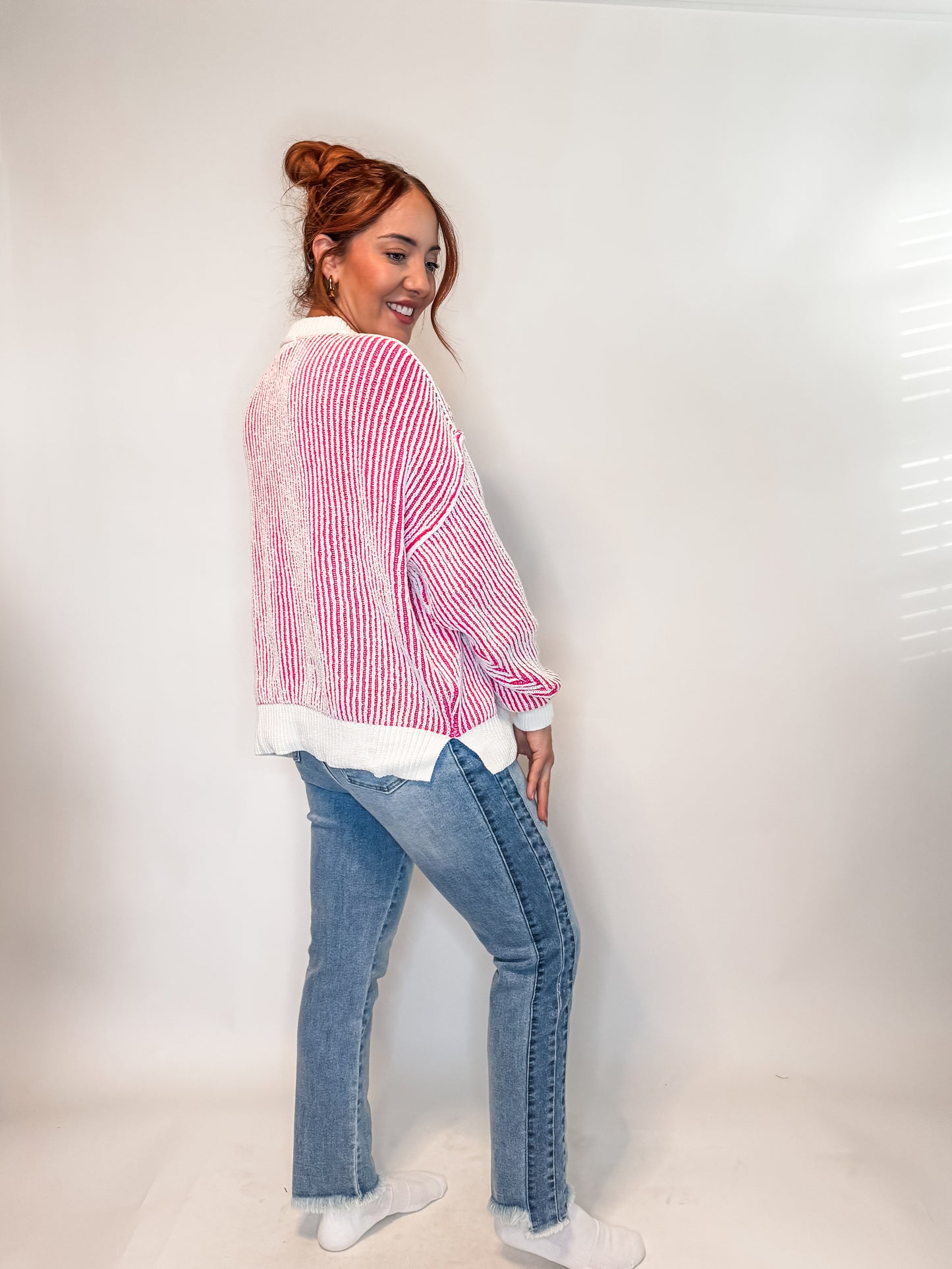 Least High Maintenance Contrast Trim Sweater in Pink