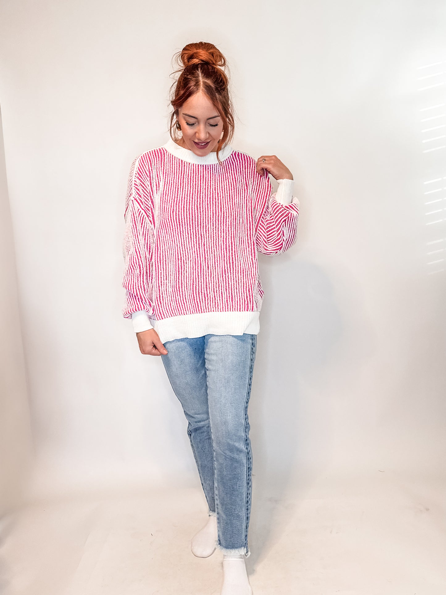 Least High Maintenance Contrast Trim Sweater in Pink