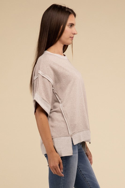 Contrast Trim Top Stitching Drop Shoulder Top