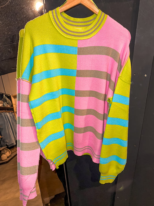 Oversized Mixed Stripe Sweater - Lime/Pink