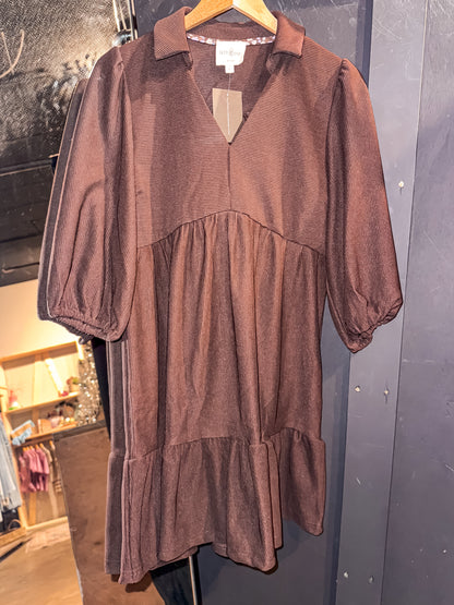 Brown Ribbed Collar Dress