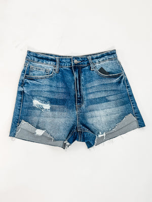 High Rise Flip Hem Shorts- Medium wash