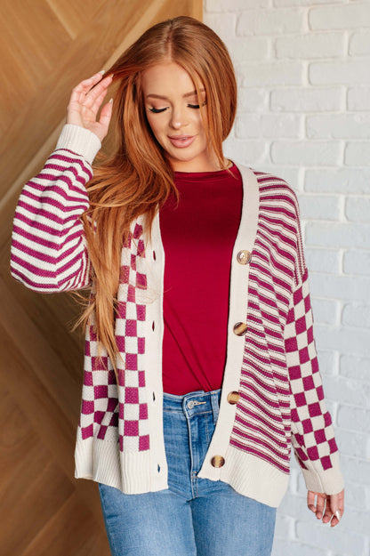 No Brainer Button Down Sweater Knit Cardigan in Magenta/Oatmeal