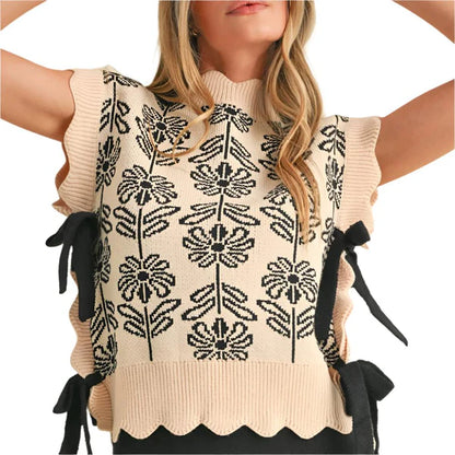 Floral Faux Tie Scalloped Edge Sweater