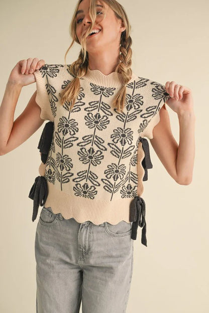 Floral Faux Tie Scalloped Edge Sweater