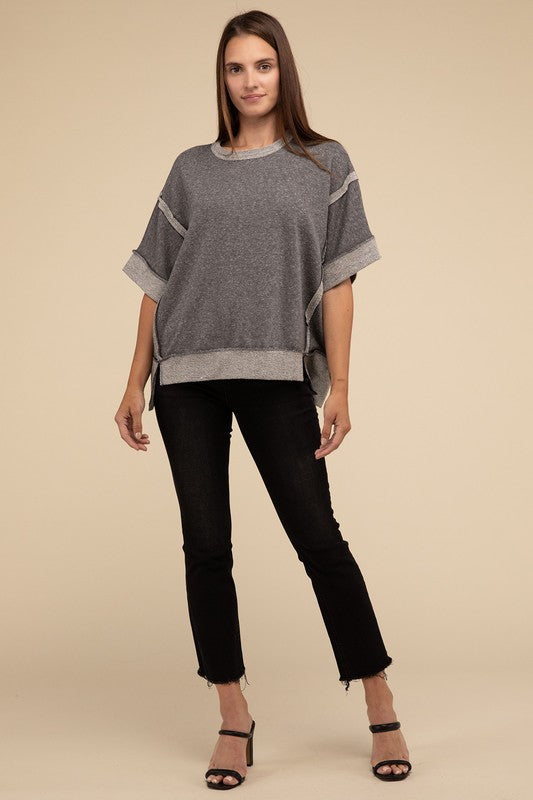 Contrast Trim Top Stitching Drop Shoulder Top