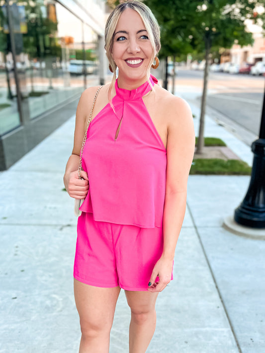 Halter Neck Romper - Hot Pink