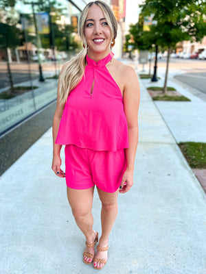 Halter Neck Romper - Hot Pink